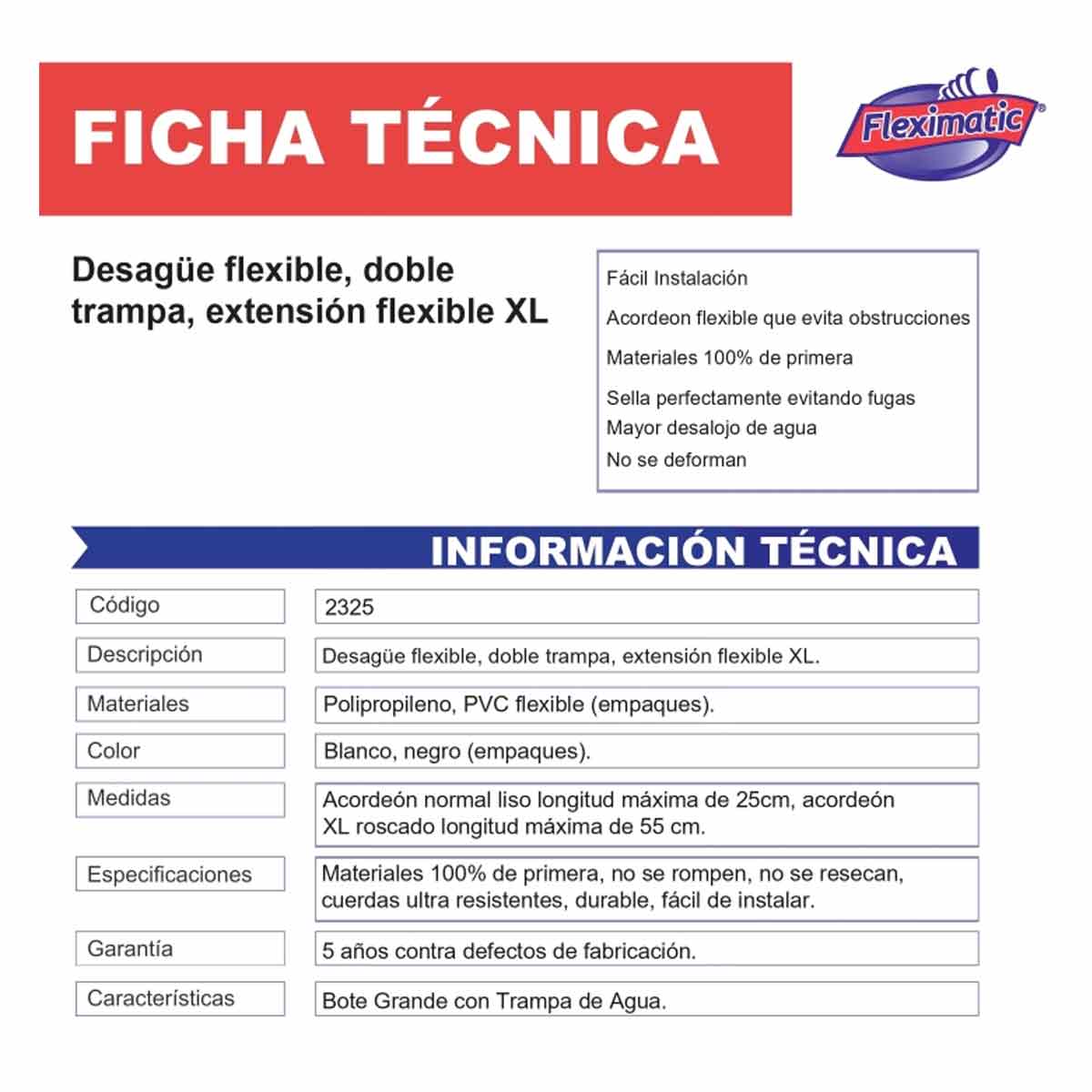 Desagüe Flexible Doble Bote-Trampa XL Extendido 51cm FLEXIMATIC Ferreabasto