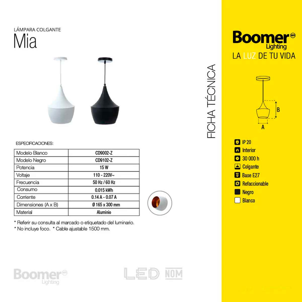 Lampara Luminario Led Colgante Modelo MIA Negro 15W