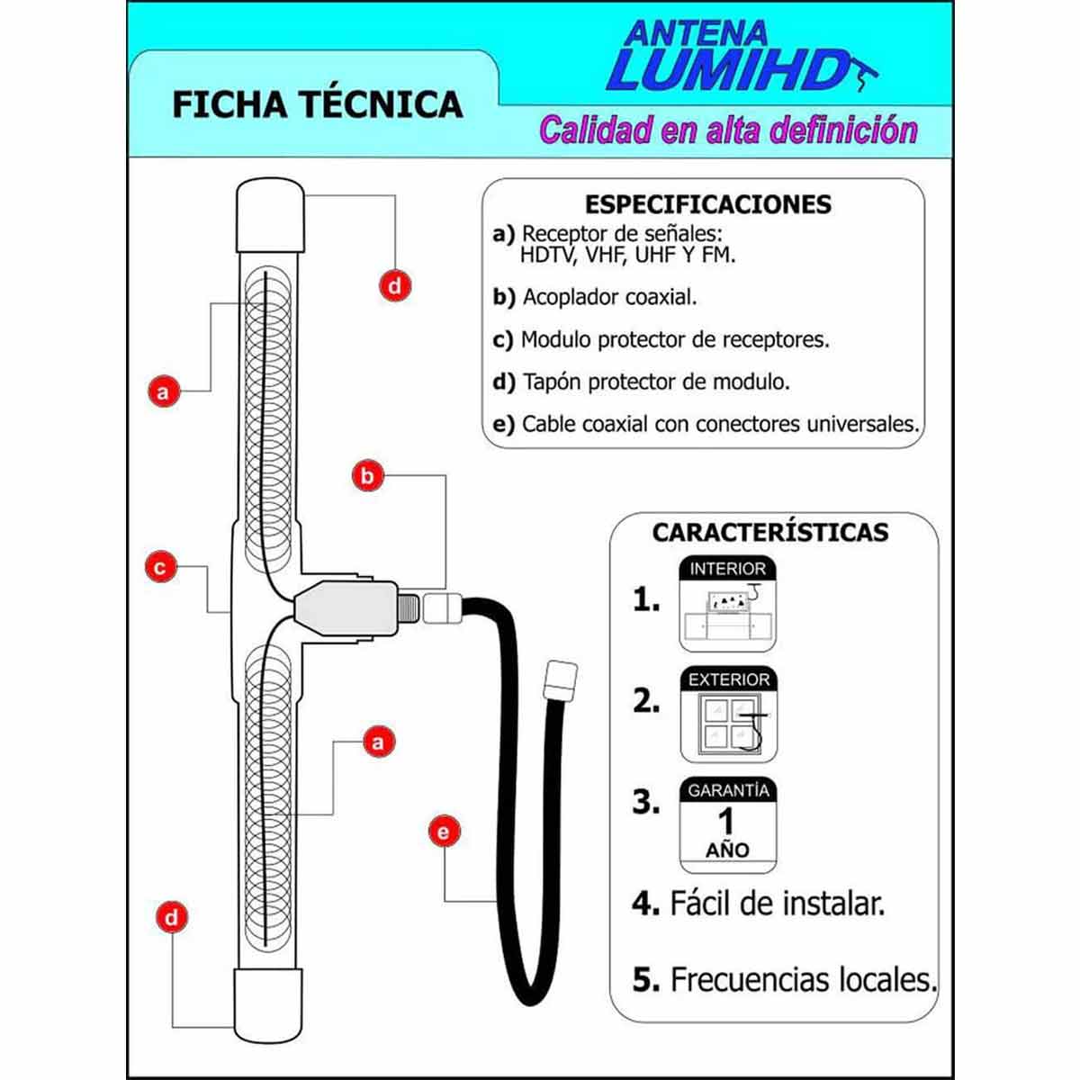 Antena Tv Hdtv Exterior Pvc 30cm Largo Con 3m Cable Lumihd LUMIHD Ferreabasto