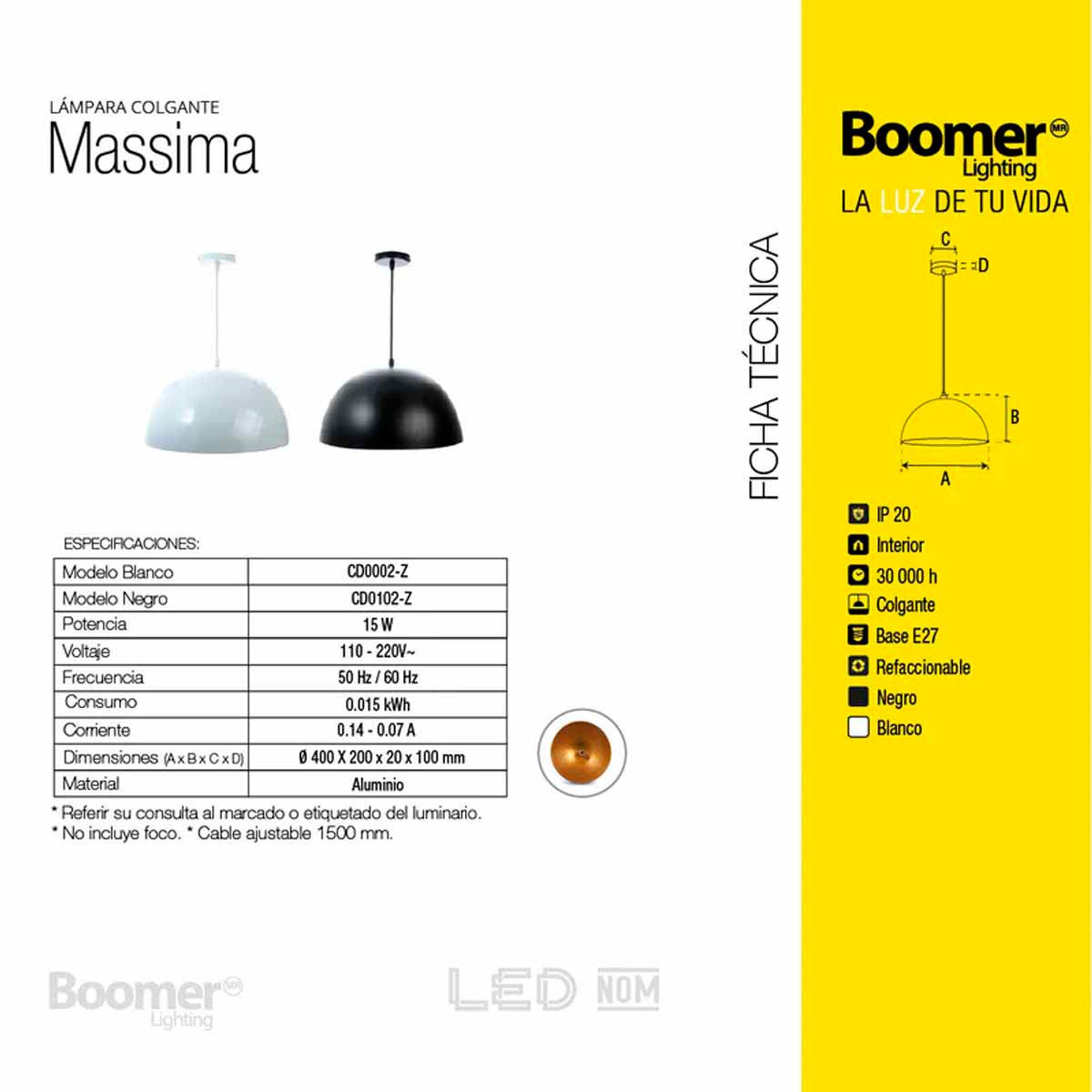 Lampara Luminario Led Colgante Modelo MASSIMA Negro 15W