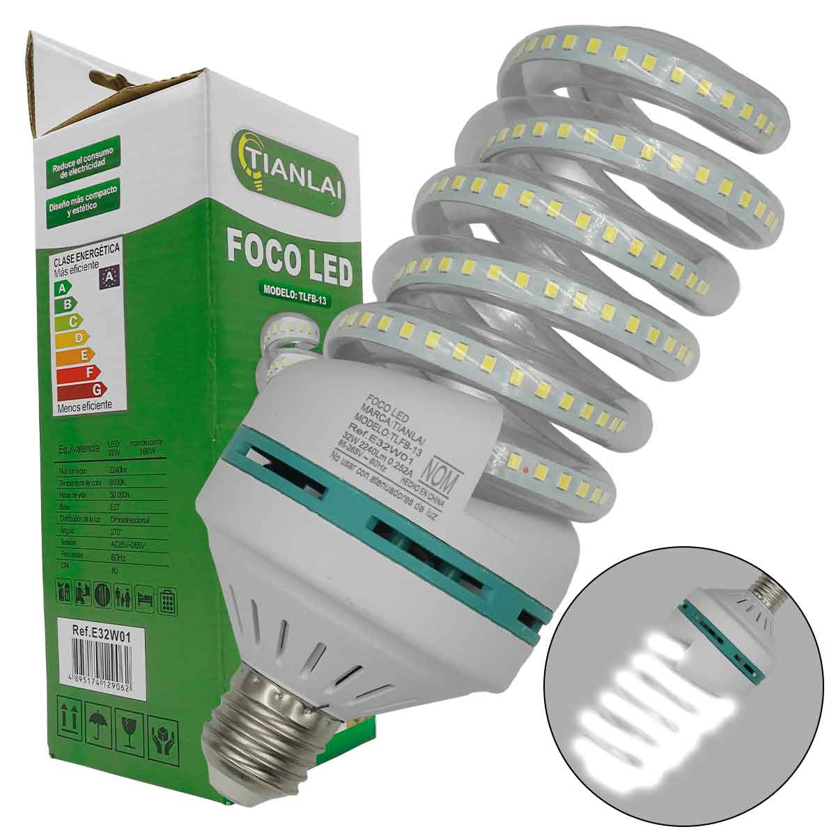 Foco Lampara Espiral De Led 32W Luz Blanca 6500K KYT Ferreabasto
