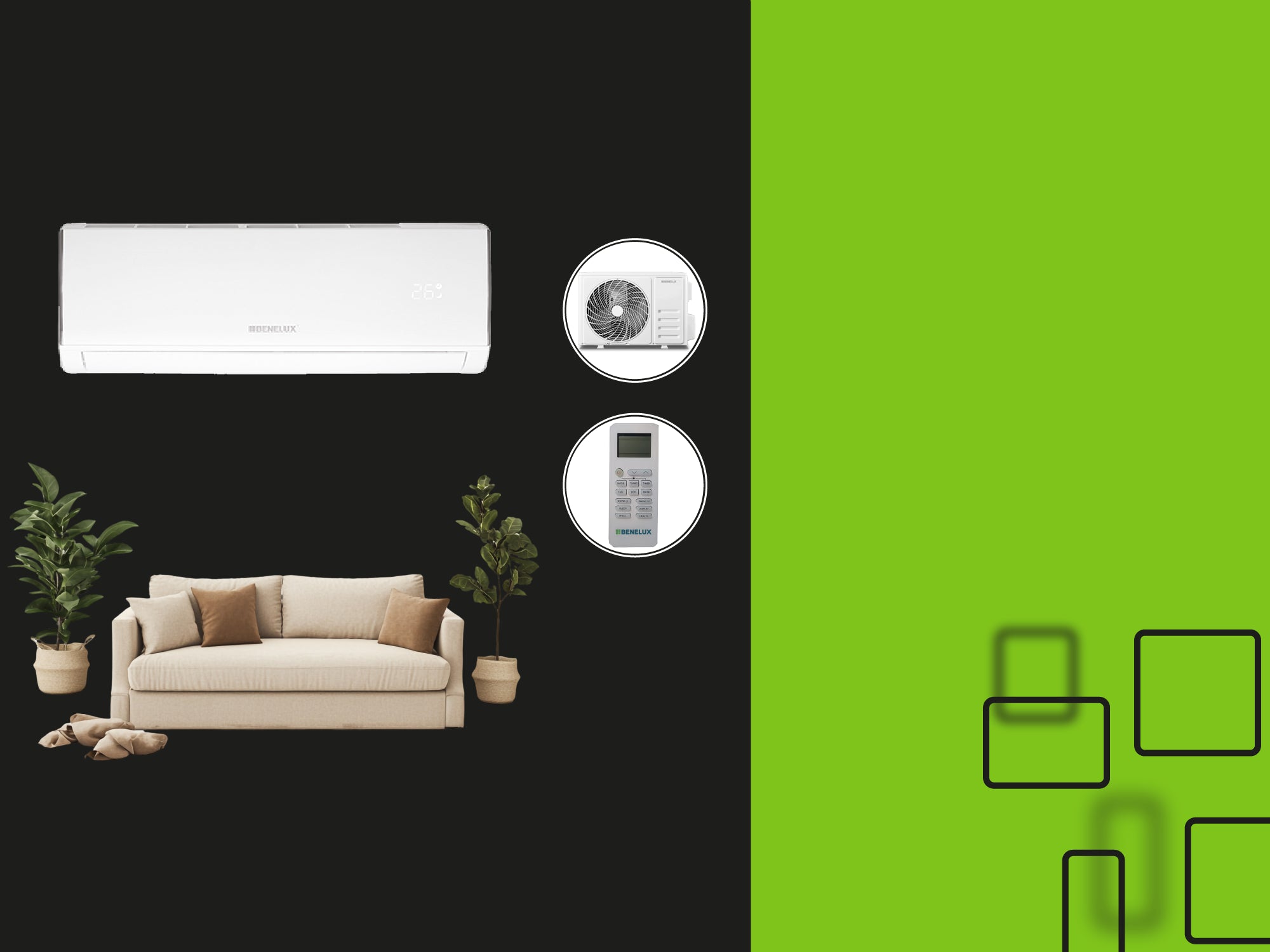 banner sala beige con plantas aire acondicionado minisplit blanco benelux ev1425 tienda en linea ferreabasto