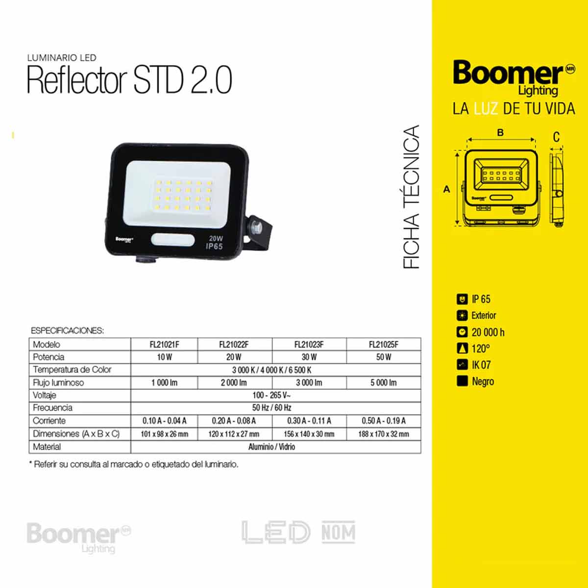 Lampara Reflector Led Exterior 50W 6500K Luz De Dia Negro