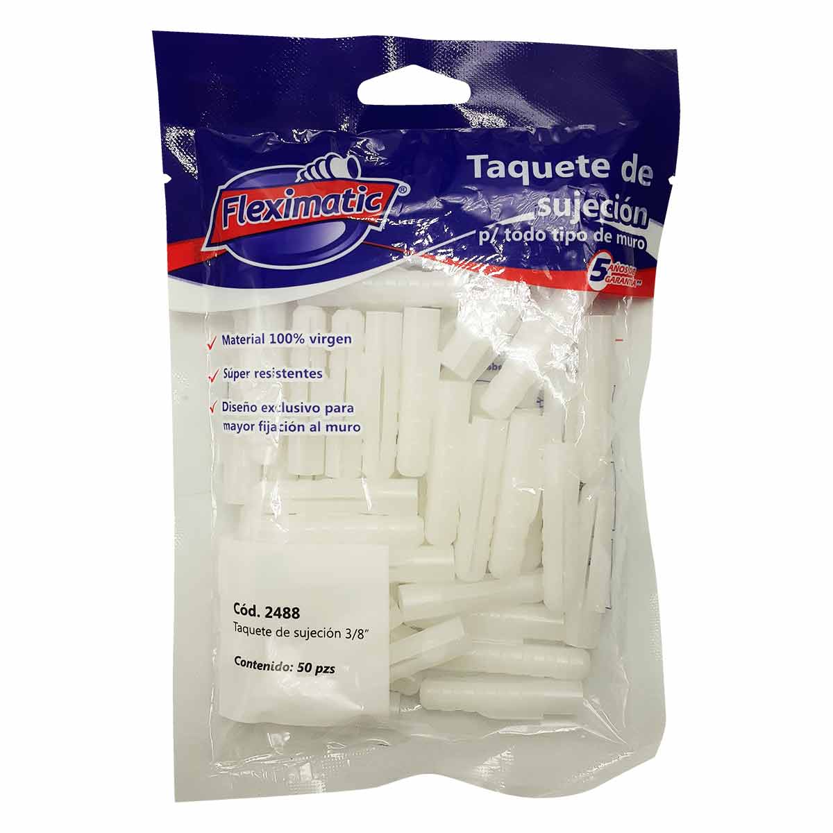 Taquete Blanco De Sujecion 3/8 Alta Densidad Bolsa 50 Pzs FLEXIMATIC Ferreabasto