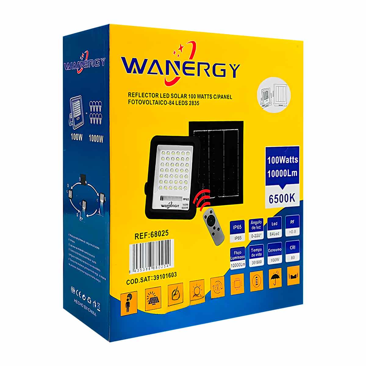 Reflector Led 100W Panel Solar Exterior Con Control Remoto Y Sensor WANERGY Ferreabasto