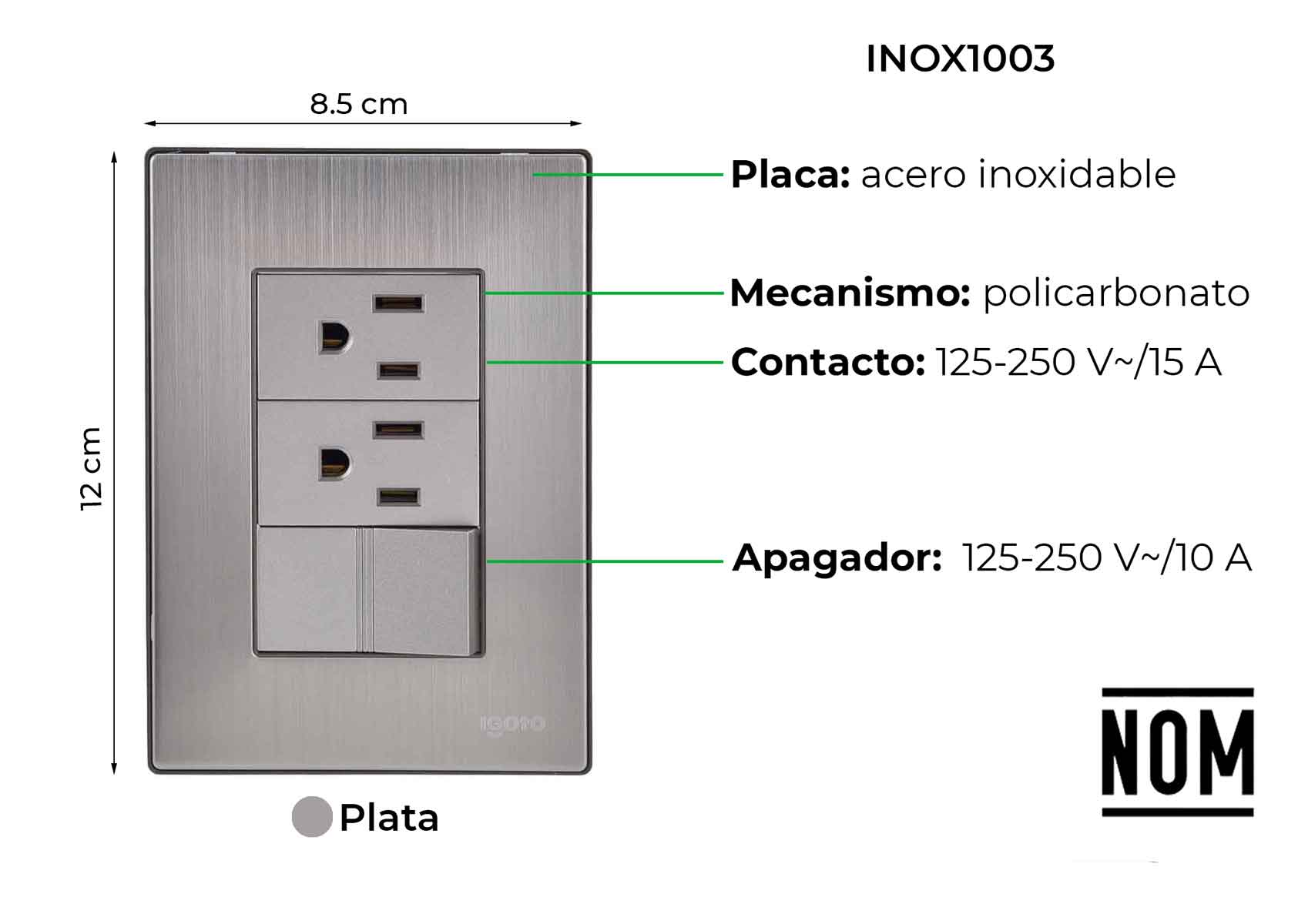 Placa Armada Inoxidable Con 1 Apagador Sencillo Y 2 Contactos De 1 Modulo Igoto IGOTO Ferreabasto