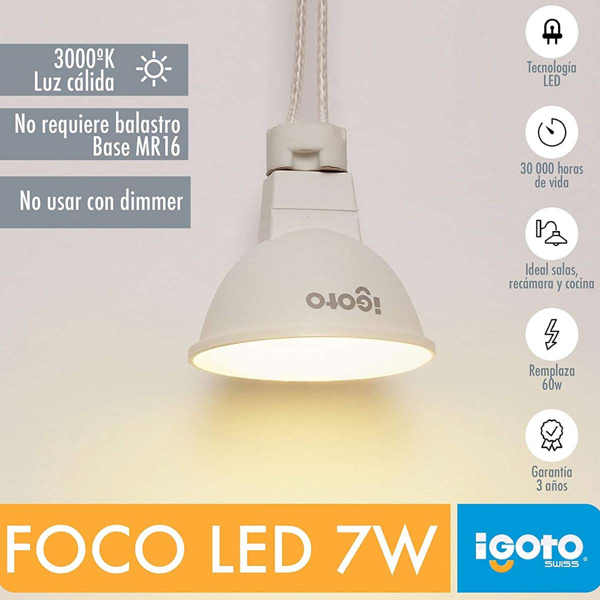 Foco Led Mr16 7W=60W 3000K Luz Calida Nom Igoto - Ferreabasto