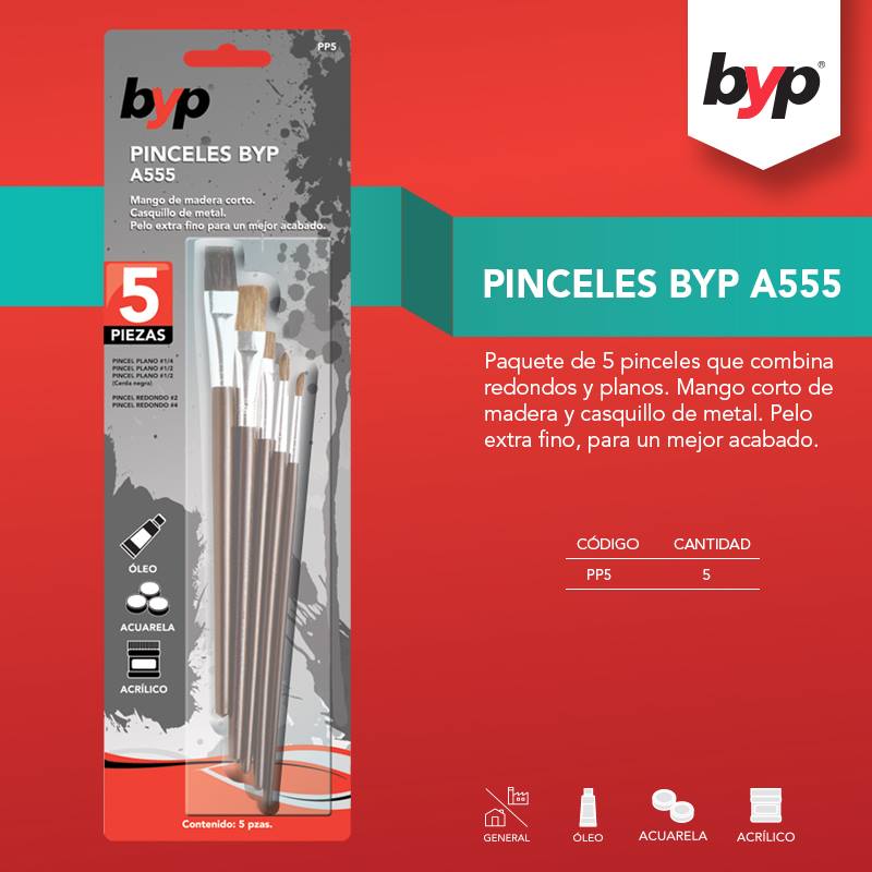 2 Paquetes de Pinceles de 5 Piezas c/u Modelo A555 BYP BYP Ferreabasto