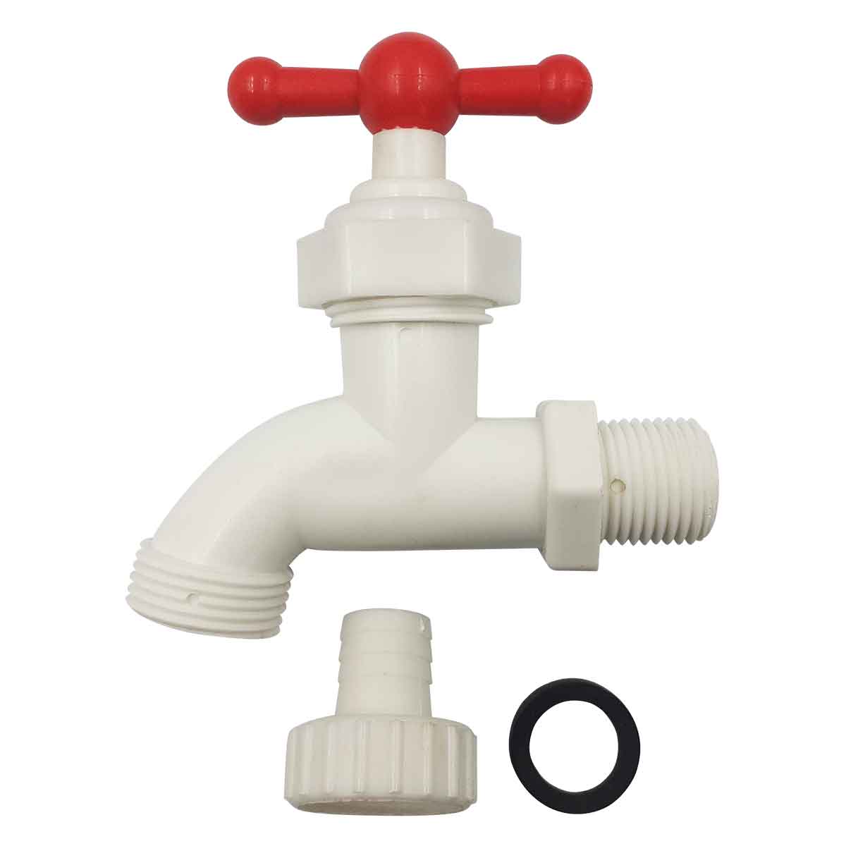 llave jardin con adpatador hembra plastico maneral rojo y empaque