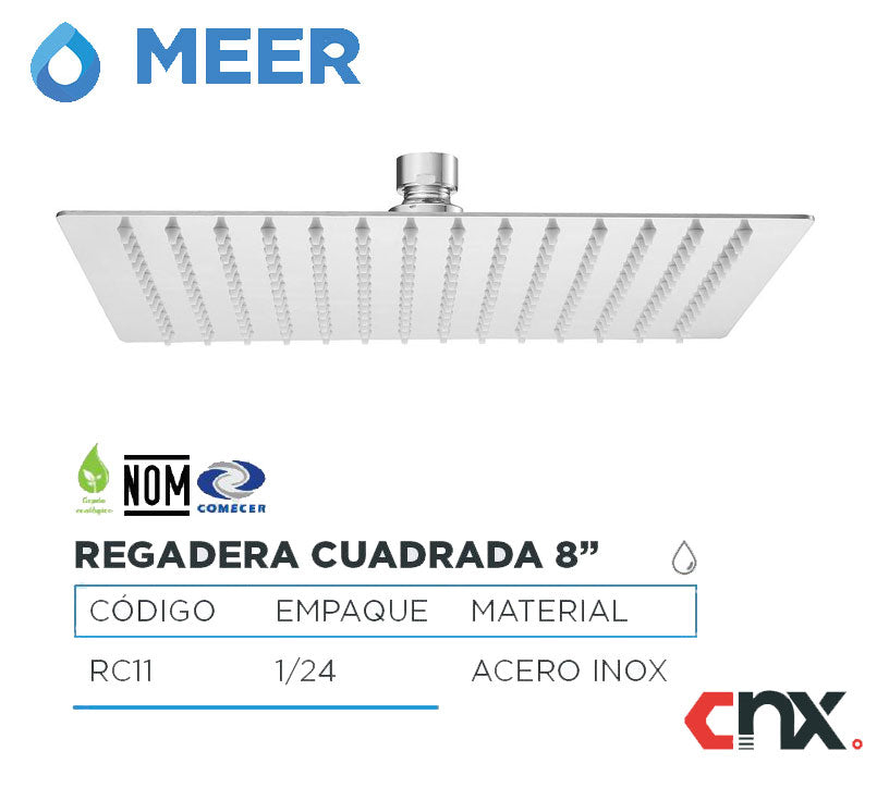 Regadera Cuadrada 8&quot; Acero Inoxidable Deluxe Meer - Ferreabasto