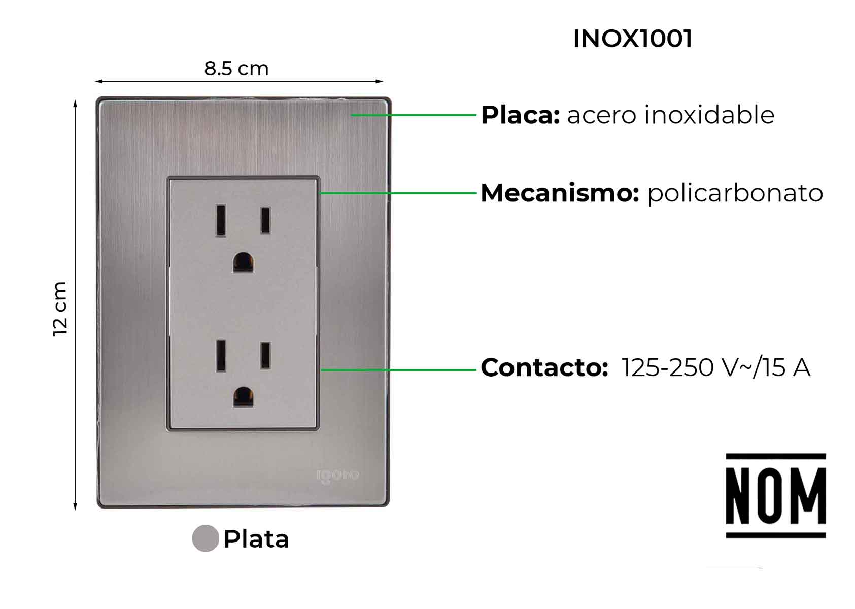 Placa Armada Inoxidable Igoto Con 2 Contacto Aterrizado IGOTO Ferreabasto