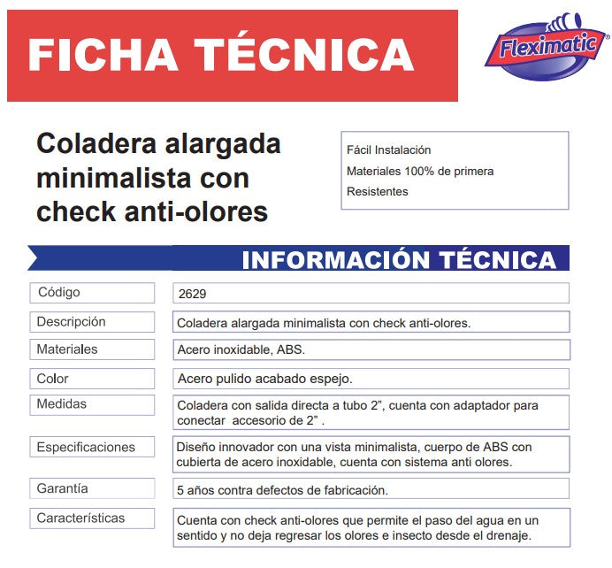 Coladera Minimalista Acero Inoxidable 2629 Fleximatic Anti olores FLEXIMATIC Ferreabasto