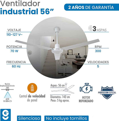 Ventilador De Techo 56 Pulg 70W Industrial Metalico Igoto IGOTO Ferreabasto