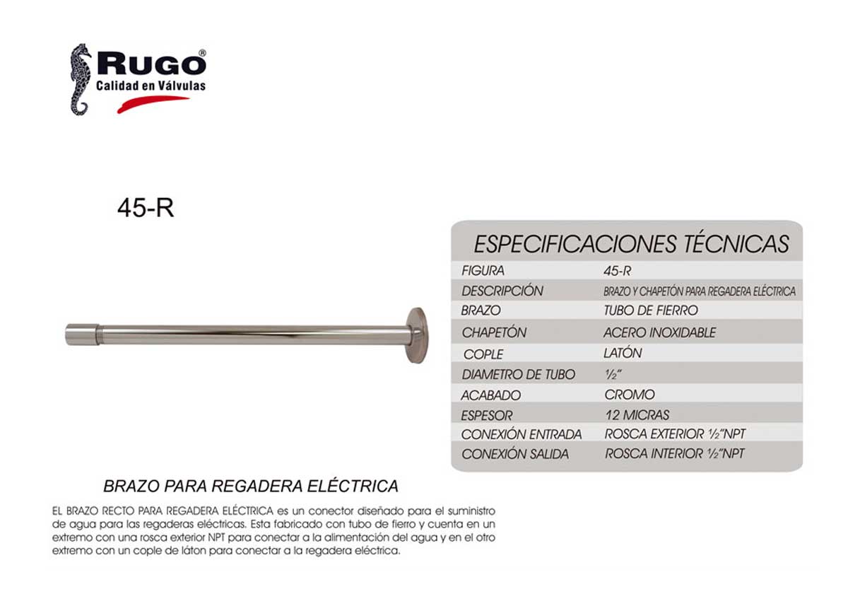 Brazo Recto 35 Cm Rugo 45R Para Regadera Electrica Con Chapeton RUGO Ferreabasto