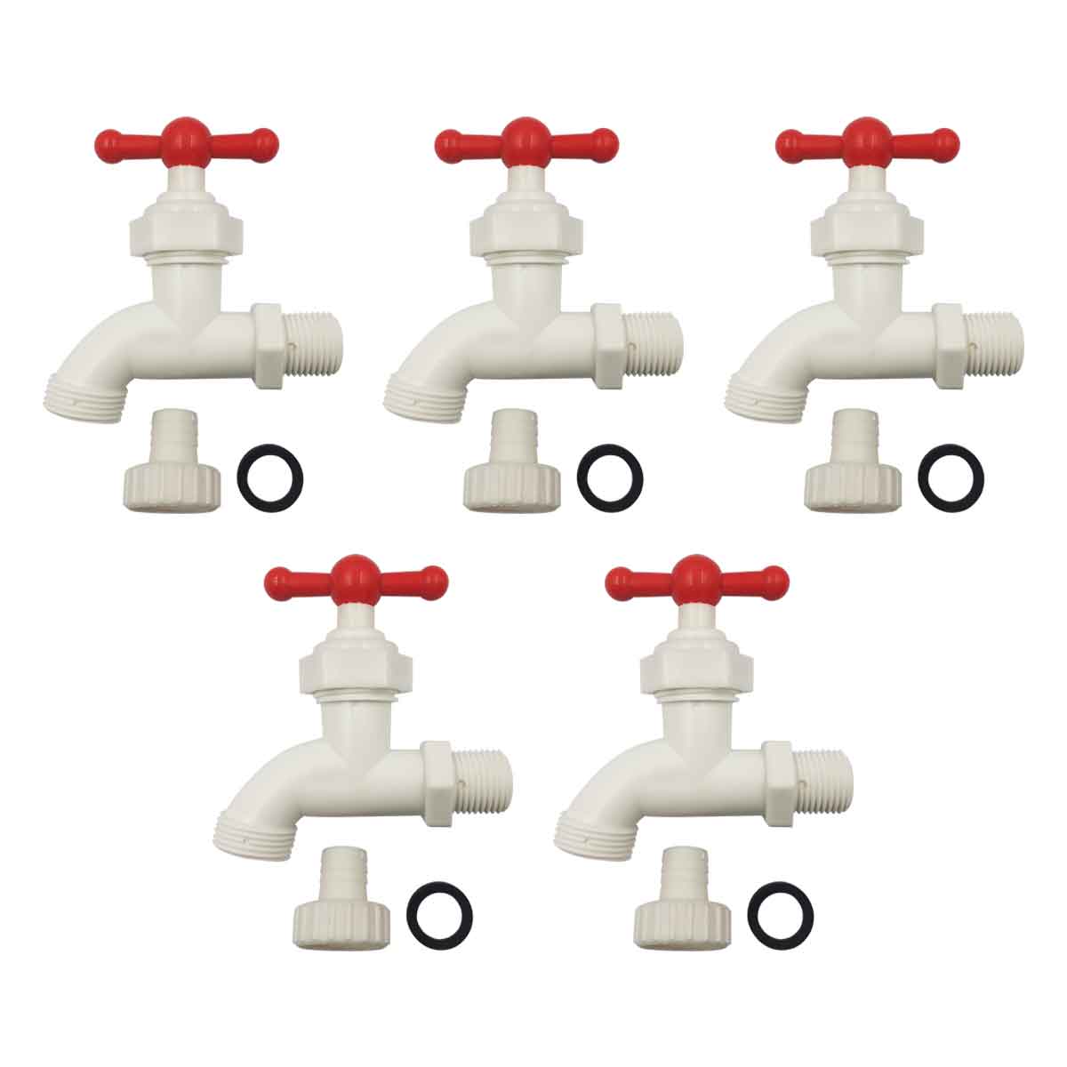 paquete de 5 llaves de jardin con adaptadores plasticos y empaque