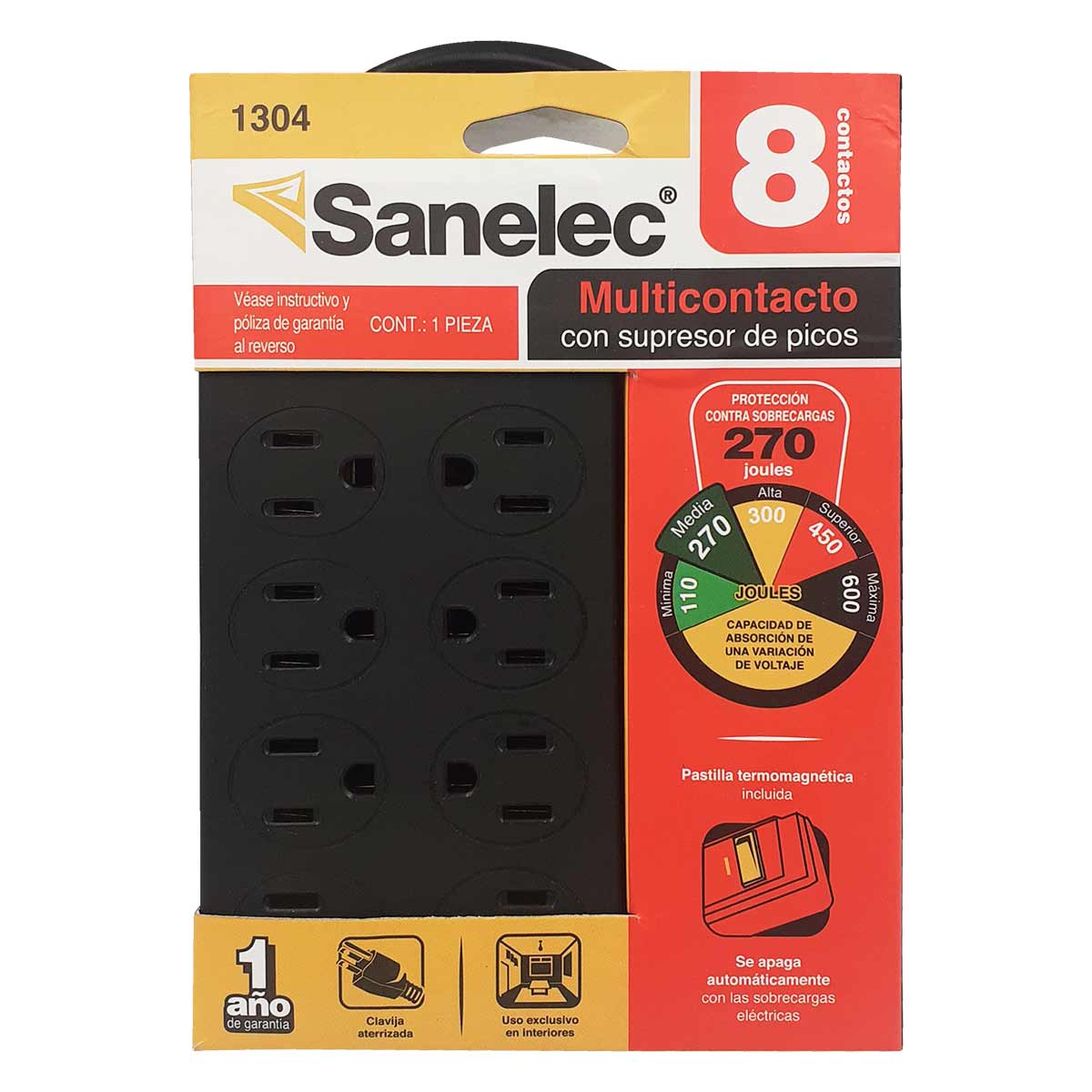 Multicontacto Negro 8 Entradas 270J Sanelec 1304 Proteccion Contra Sobrecargas SANELEC Ferreabasto