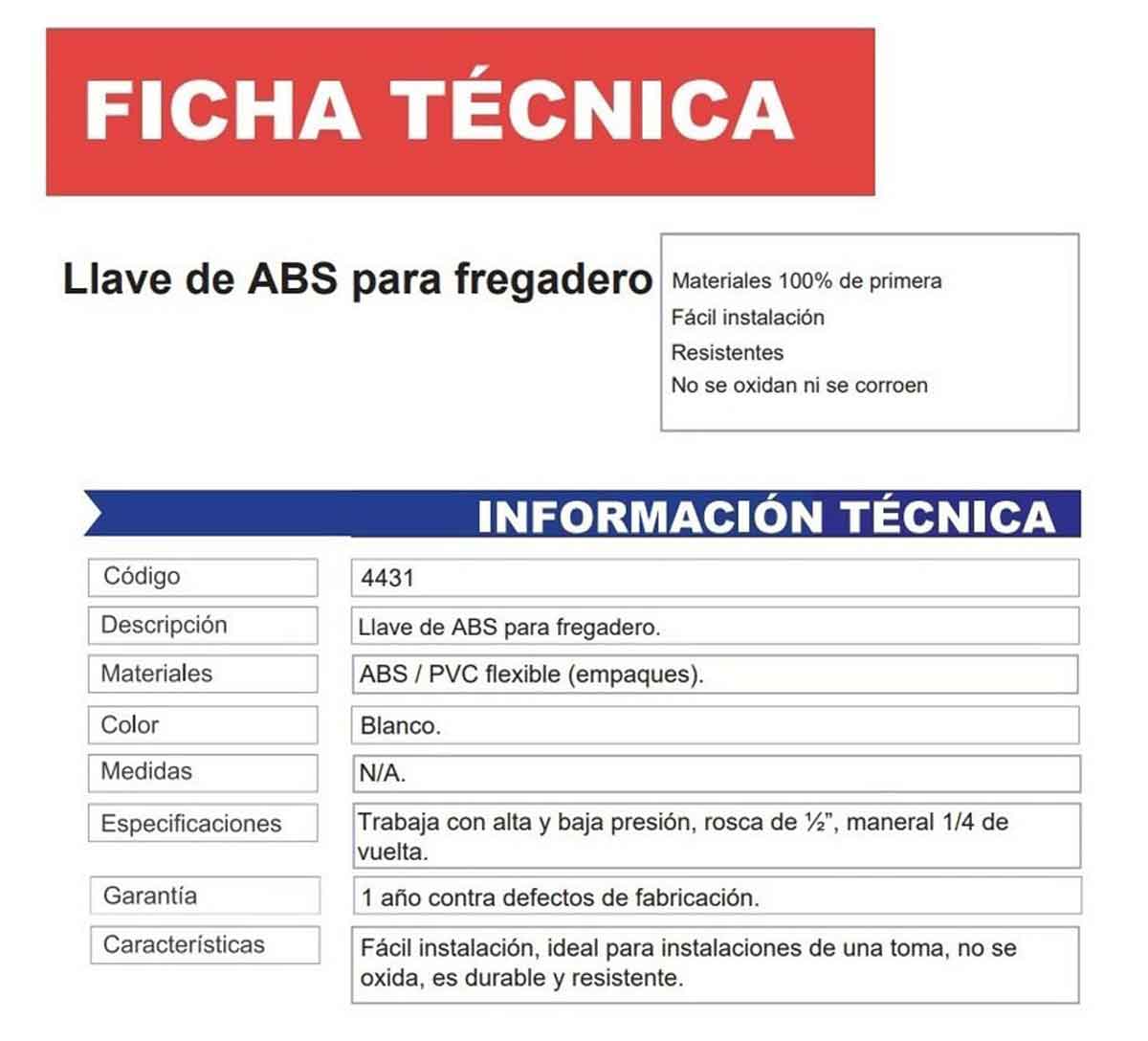 ficha tecnica llave fregadero