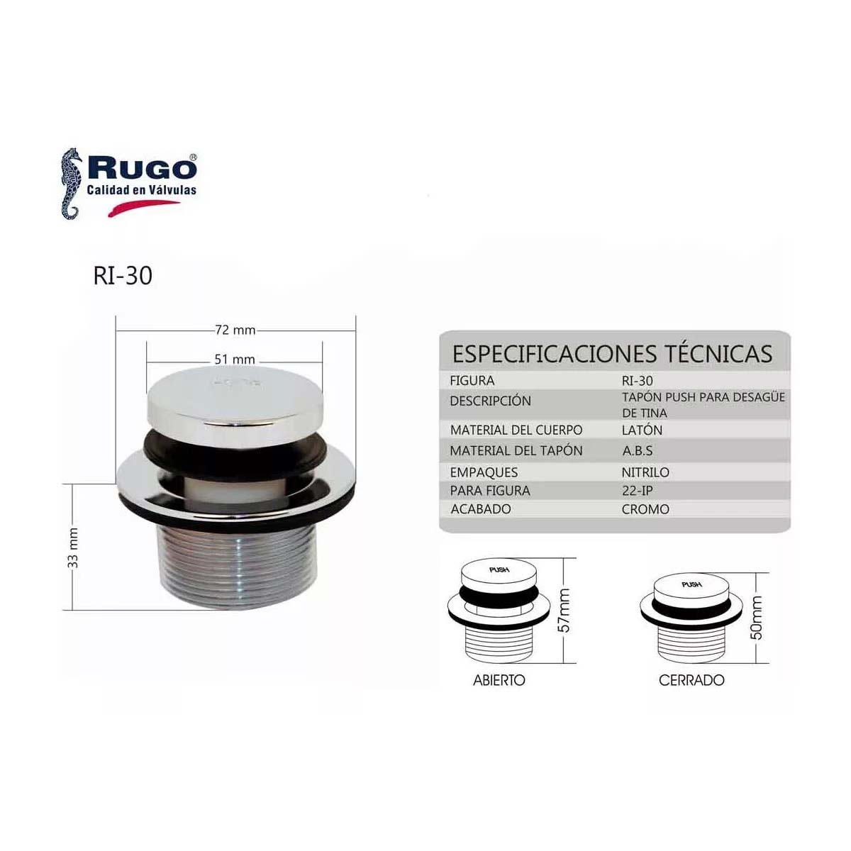 Tapon Control Cromado Para Desagüe De Tina 22ip Rugo RUGO Ferreabasto