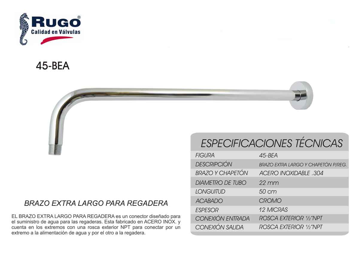 Brazo Extralargo Regadera Acero Inox 50cm Acabado Cromo Rugo RUGO Ferreabasto