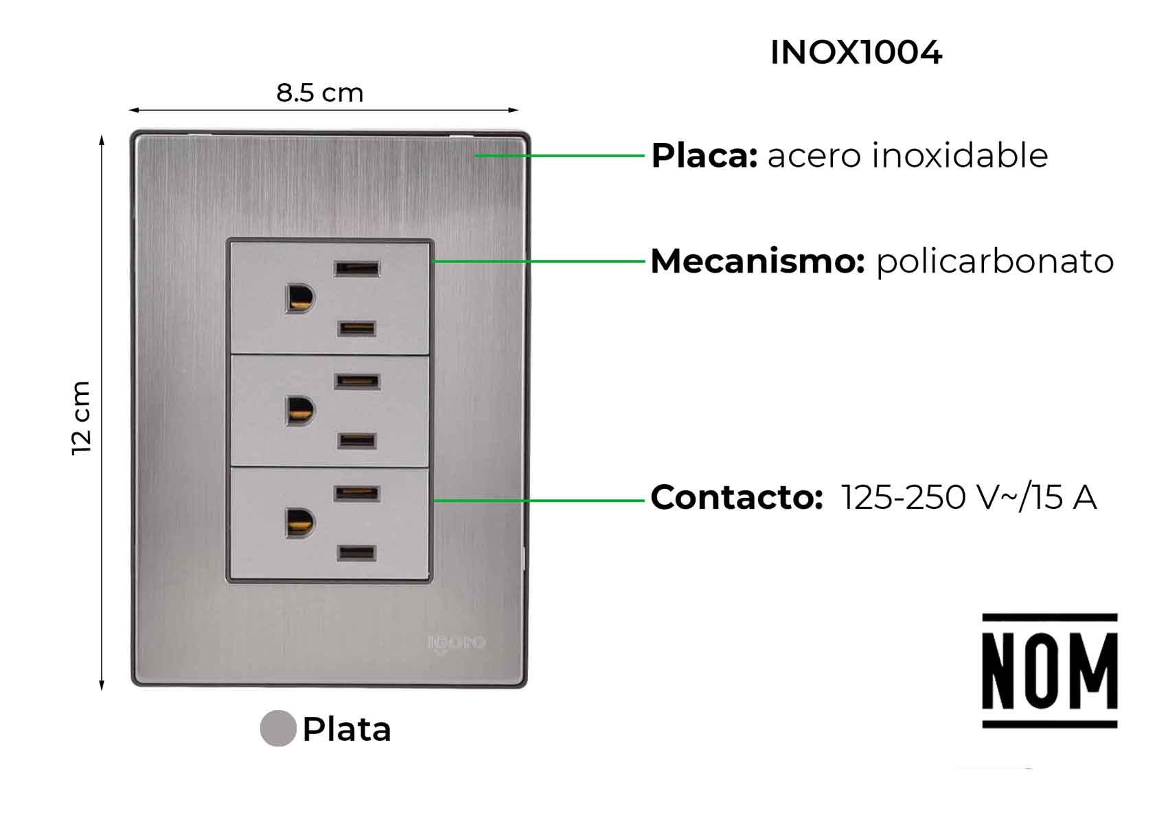 Placa Armada Inoxidable Con 3 Contactos De Un Modulo Igoto IGOTO Ferreabasto