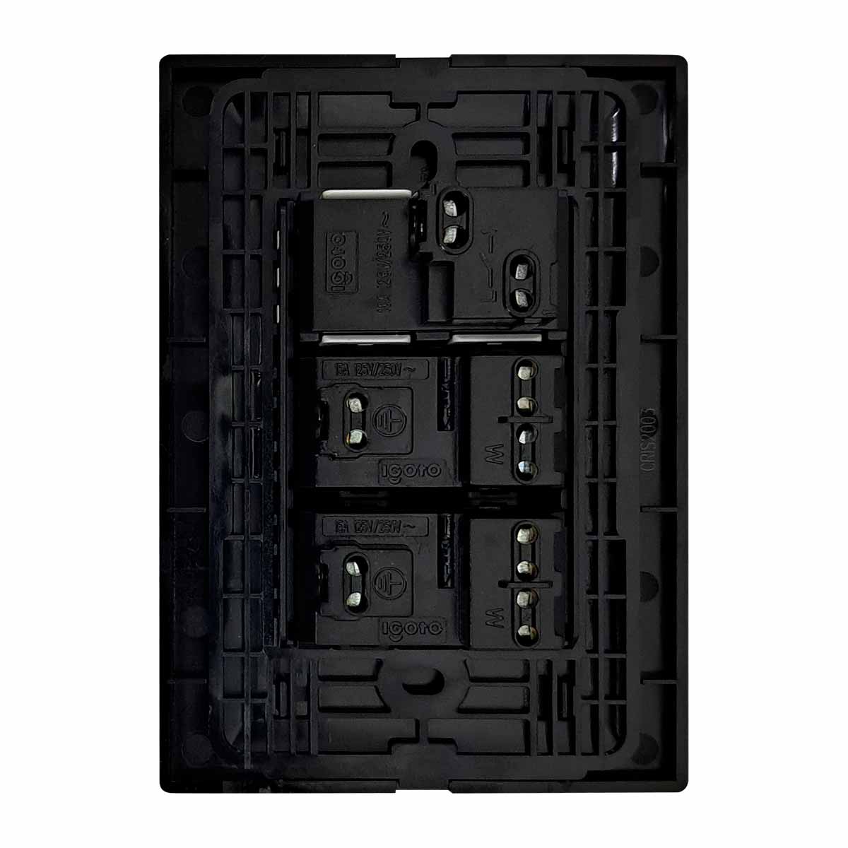 Placa Armada Cristal Con 1 Apagador Sencillo Y 2 Contactos de 1 Modulo Negro Igoto