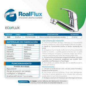 Mezcladora Monomando ABS Para Lavabo Acabado Cromo Roalflux