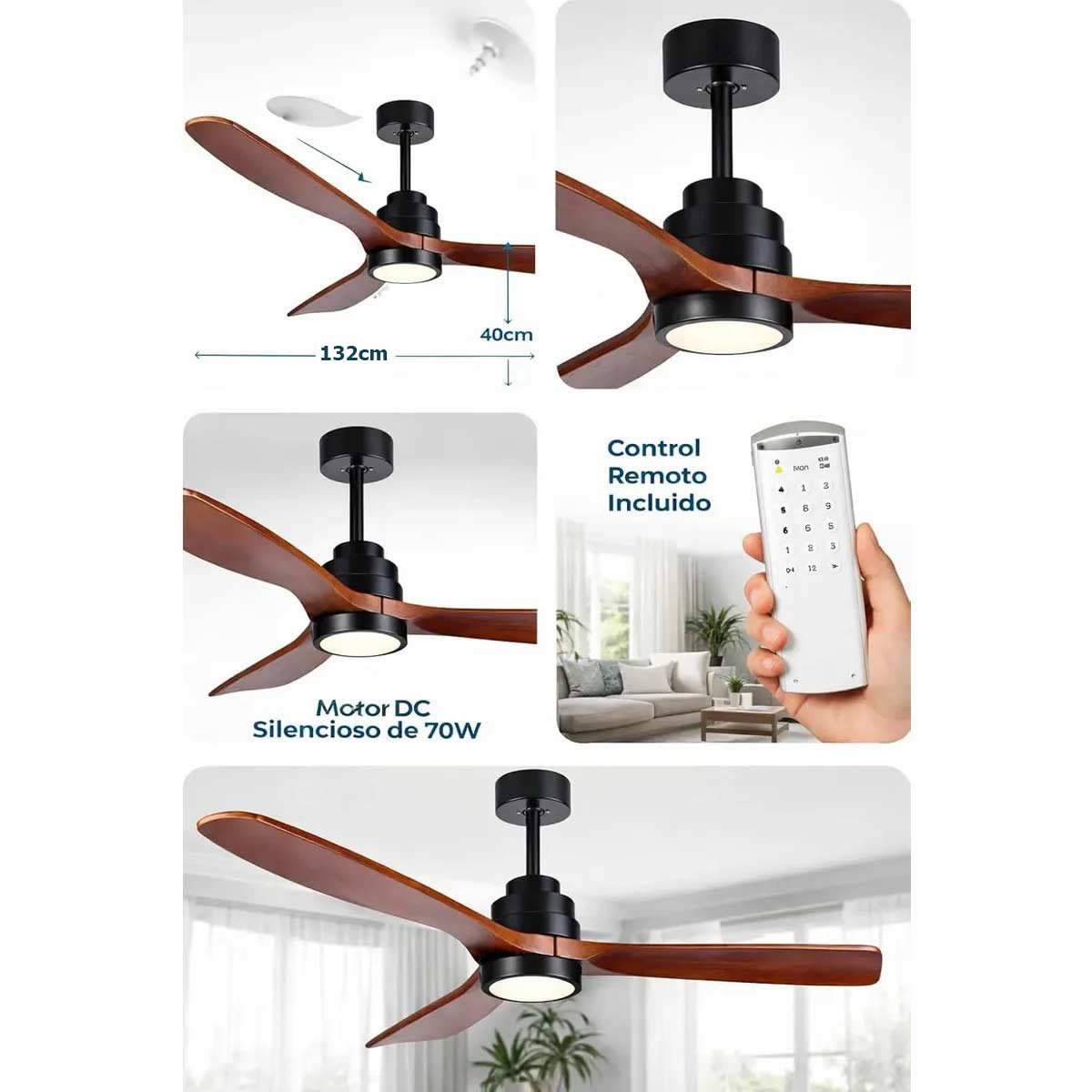 Ventilador De Techo Decorativo 52 Pulgadas Biena 35W Con Luz 3 Aspas Igoto