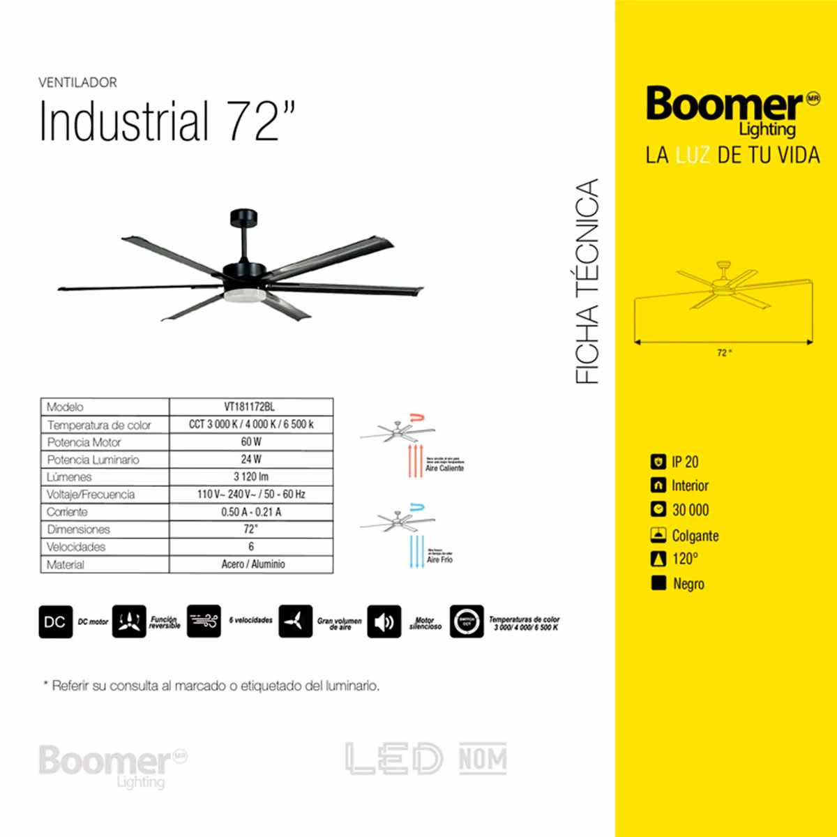 Ventilador De Techo Con Luz 72 Pulg 6 Velocidades Negro