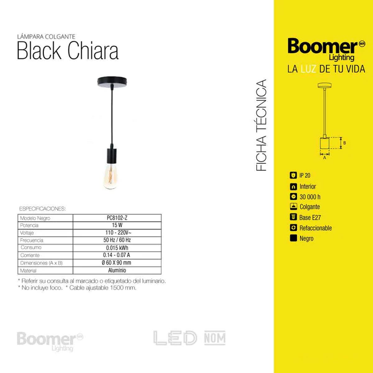 Socket Luminario Led Chiara Colgante Para Foco 15W E27 Negro