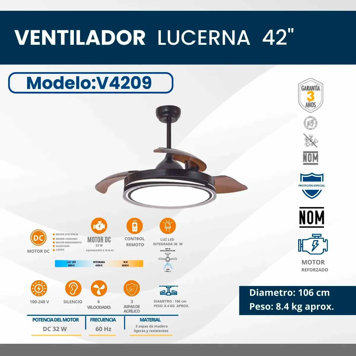 Ventilador De Techo Decorativo 42 Pulg Lucerna 3 Aspas Retractiles Igoto