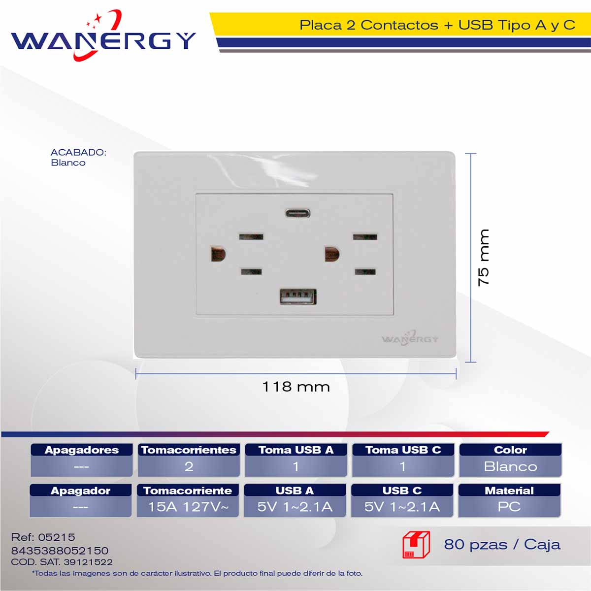 Placa Armada Con 2 Contactos Y Entrada De USB Y Tipo C Blanco WANERGY Ferreabasto