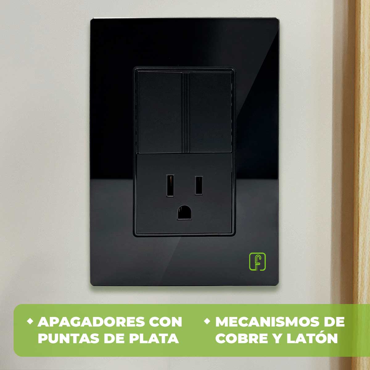 Placa Armada Cristal Con 1 Apagador Sencillo Y 1 Contacto de 1.5 Modulos Negro Igoto
