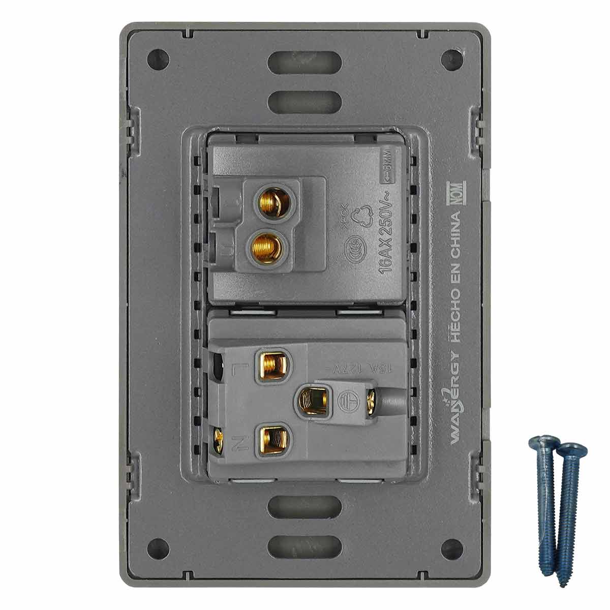 Placa Armada Con 1 Apagador Sencillo Y 1 Contacto De 1.5 Modulos Acero Inox