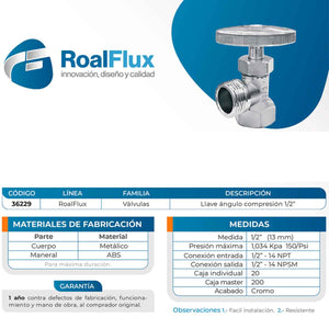 Llave De Control Angular Metalica Roscable 1/2" X 1/2" Roalflux
