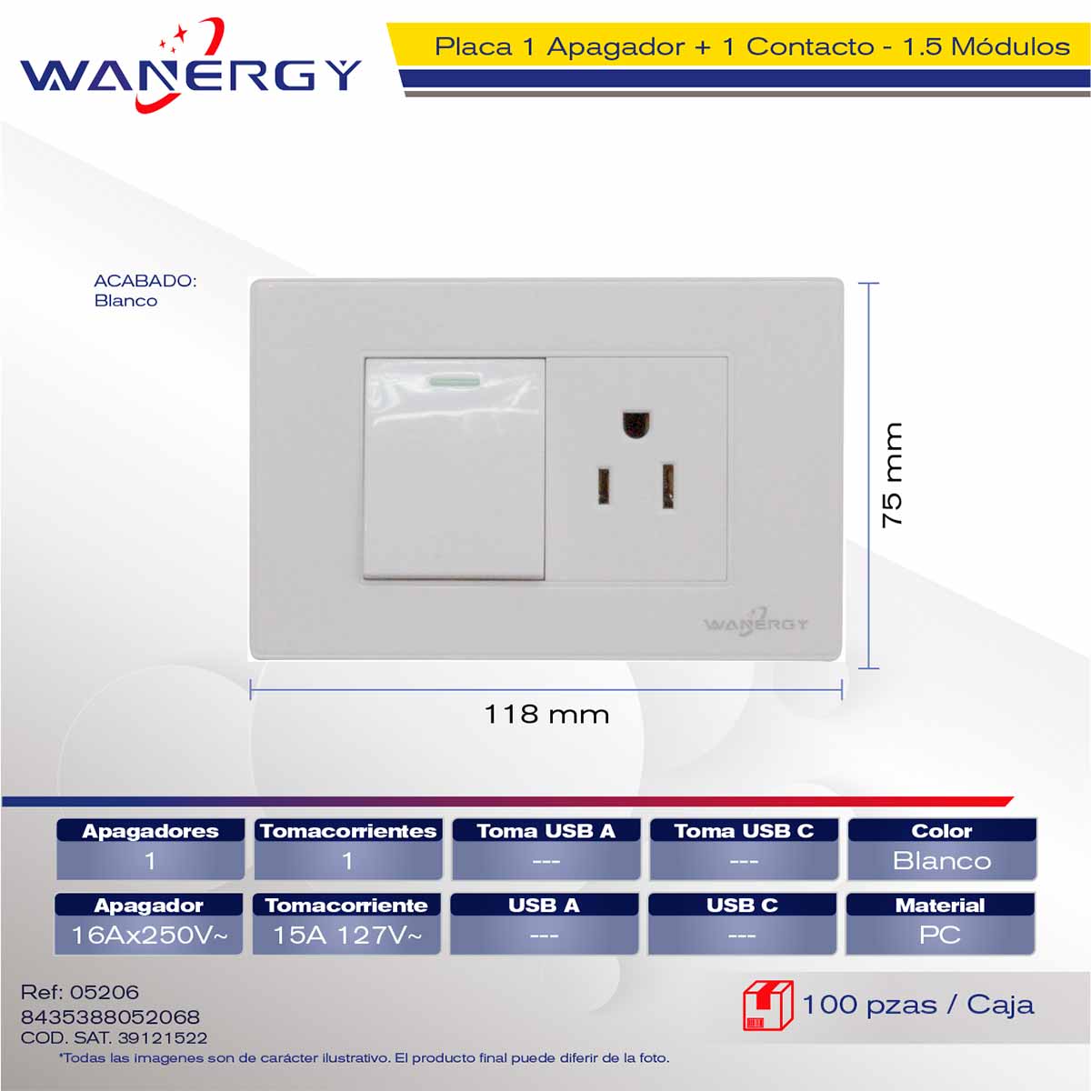 Placa Armada Con 1 Apagador Sencillo y 1 Contacto De 1.5 Modulos Blanco WANERGY Ferreabasto