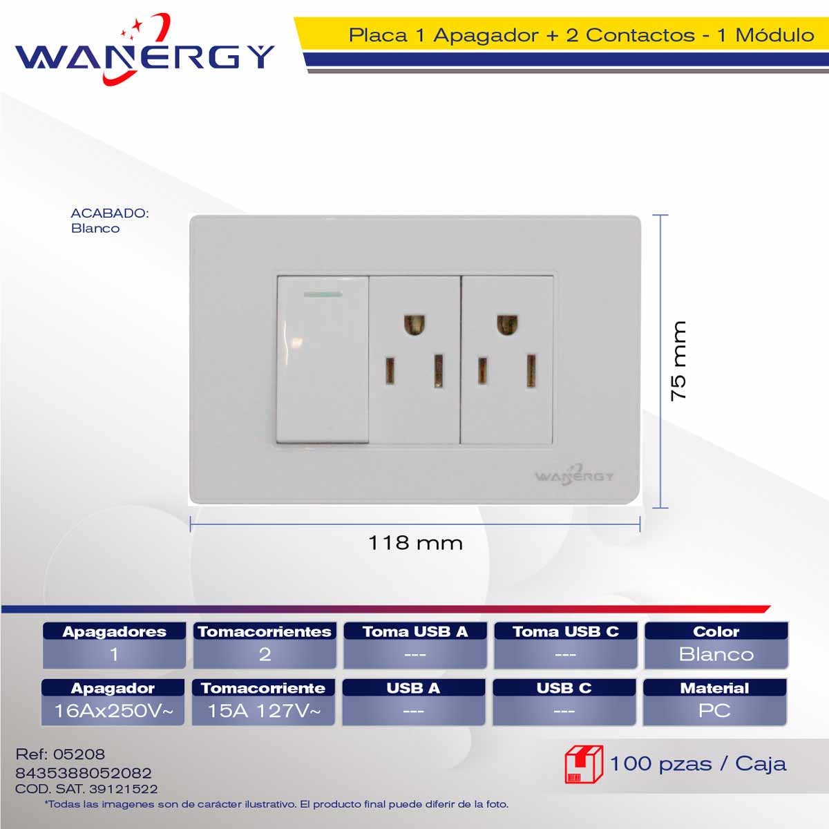 Placa Armada Con 1 Apagador Sencillo y 2 Contactos De 1 Modulo Blanco WANERGY Ferreabasto