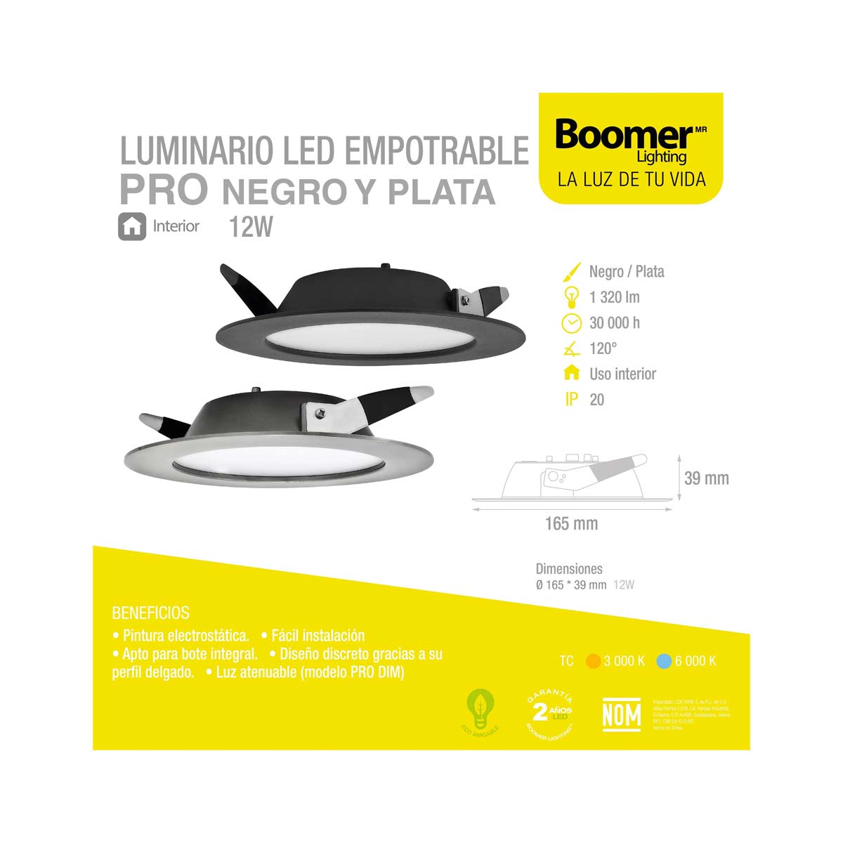 luminario led empotrable pro 12w negro ficha tecnica