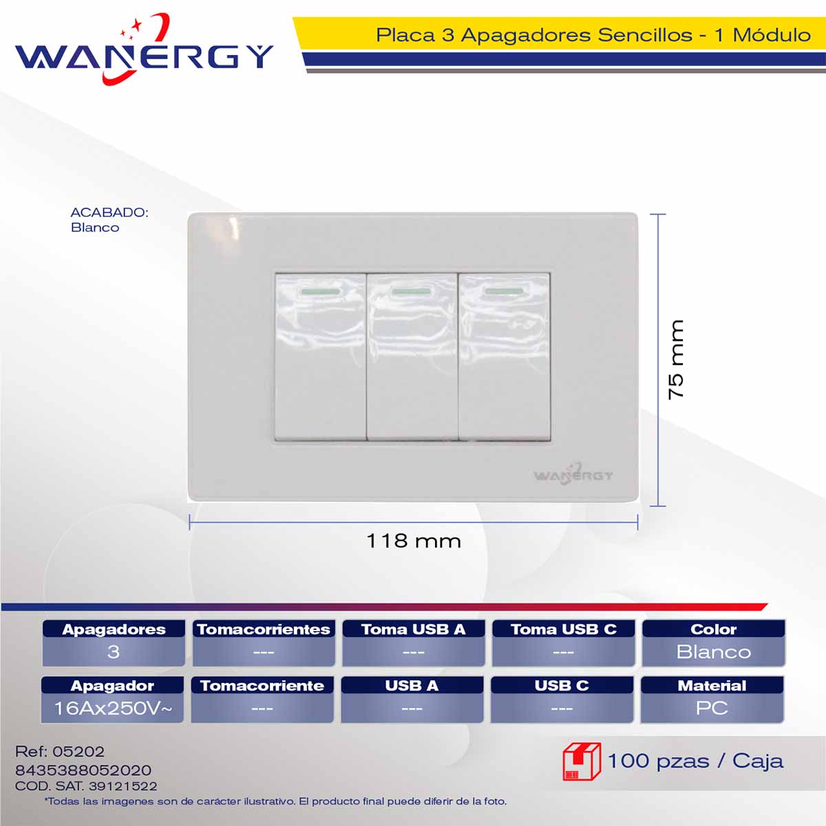 Placa Armada Con 3 Apagadores Sencillos De 1 Modulo Blanco WANERGY Ferreabasto