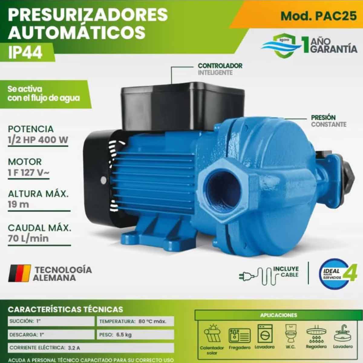 Bomba Presurizador Automatico 1/2Hp 400W 4 Servicios Igoto