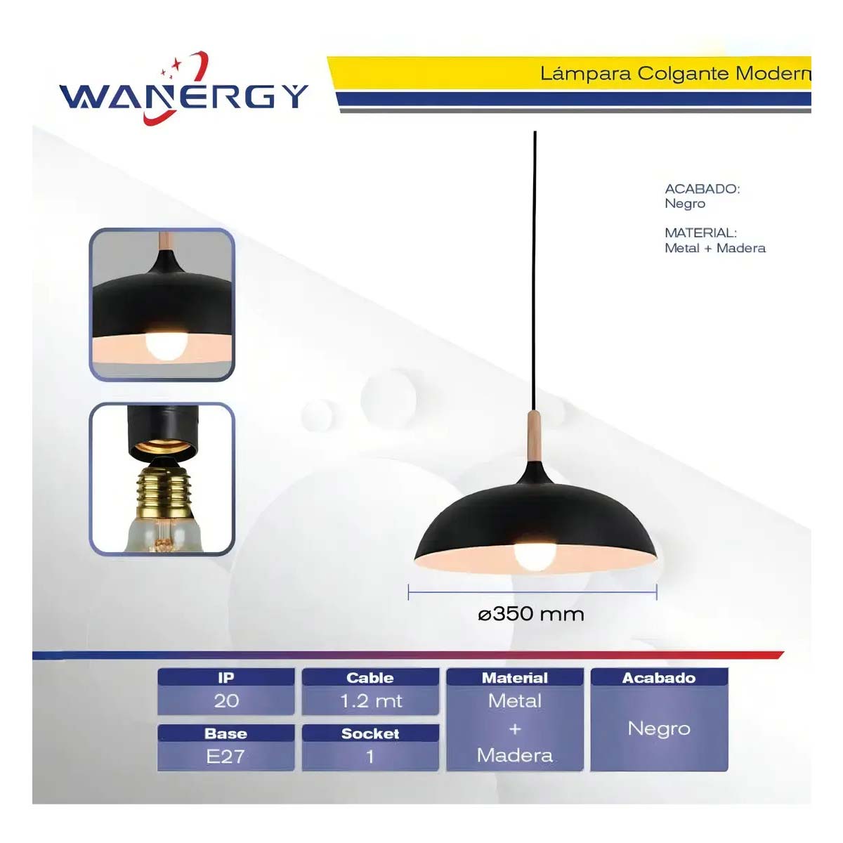 Lampara Luminario Led Colgante Metalico Decorativo E27 1.2M