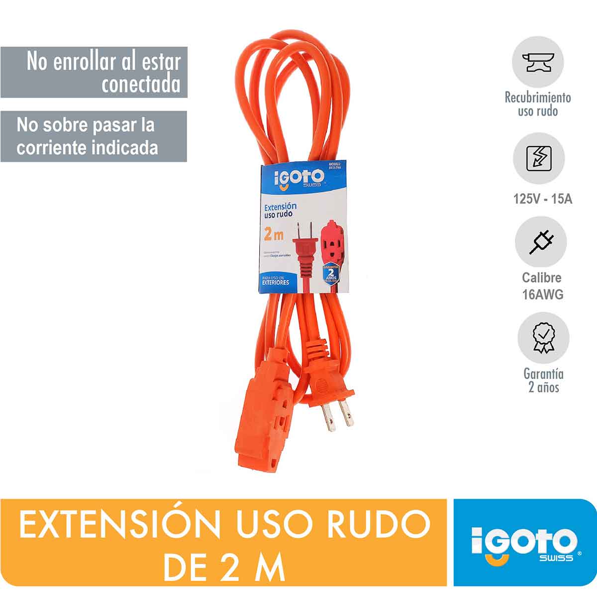 Extensión Eléctrica De Uso Rudo Naranja 16Awg 2 Metros