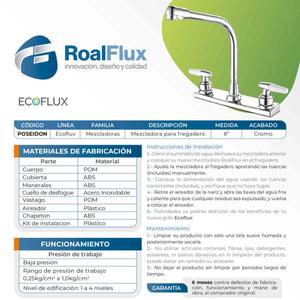 Mezcladora Para Fregadero 8 pulgadas Maneral 1/4 Vuelta Poseidon Ecoflux
