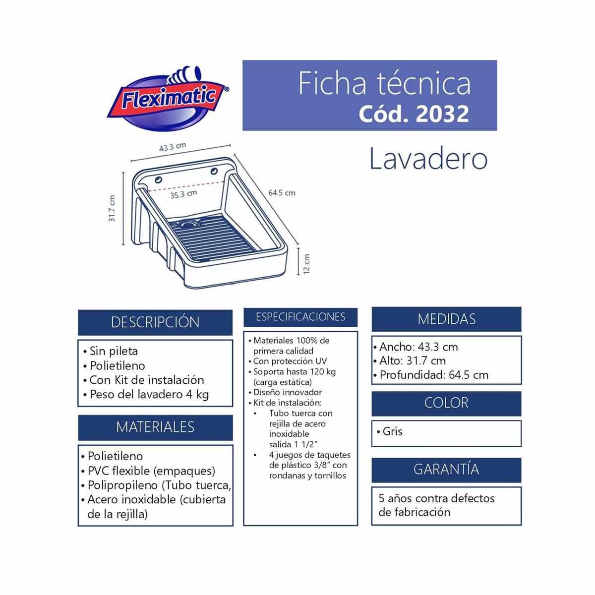 LAVADERO SIN PILETA COLOR GRIS 43.3 X 64.5 CM FLEXIMATIC FLEXIMATIC SA DE CV Ferreabasto