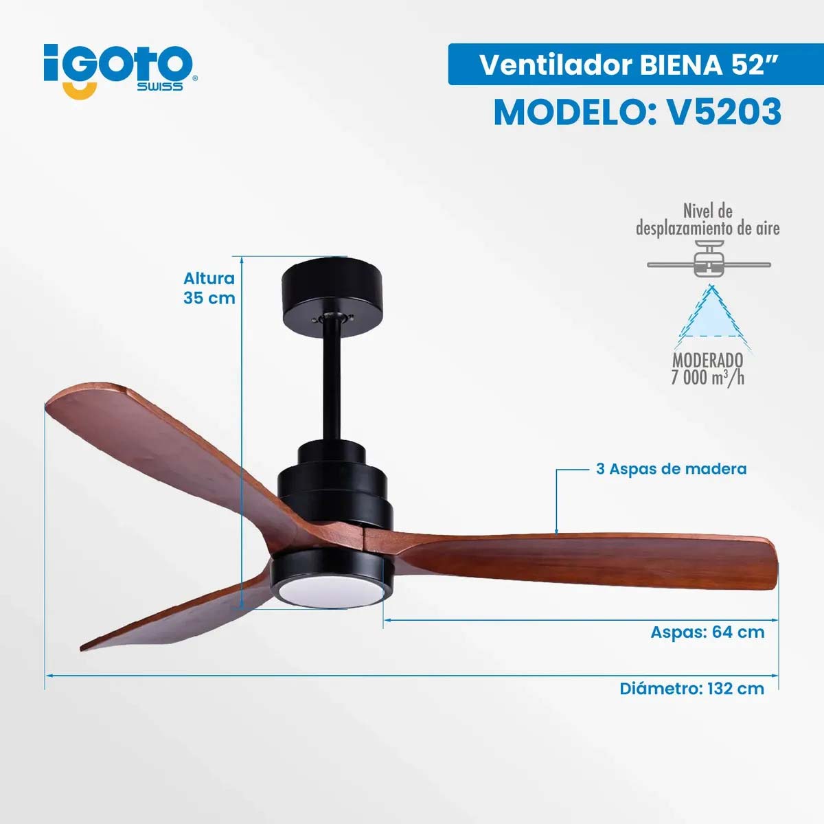 Ventilador De Techo Decorativo 52 Pulgadas Biena 35W Con Luz 3 Aspas Igoto