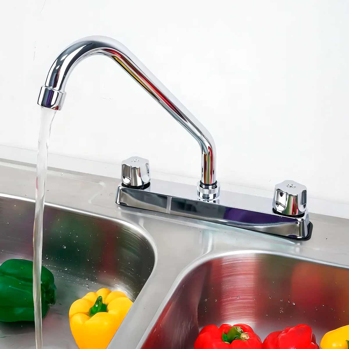 Mezcladora Para Fregadero 8" Cuerpo Acero Inox Con Cubierta Y Manerales ABS Roalflux