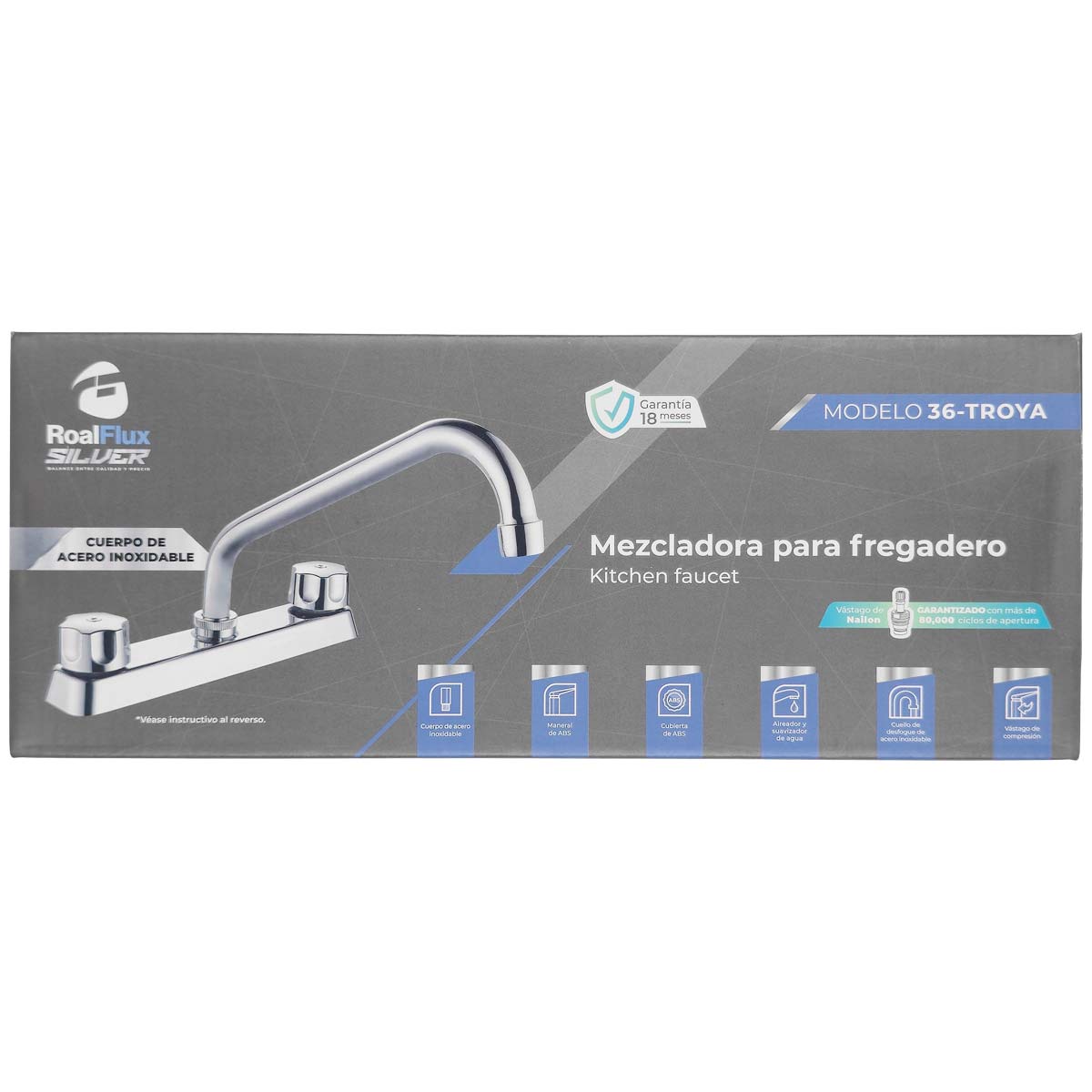 Mezcladora Para Fregadero 8" Cuerpo Acero Inoxidable Con Cubierta Y Manerales ABS Cromado Roalflux