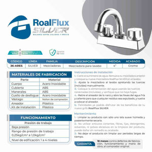 Mezcladora Lavabo 4 Pulgadas Cuerpo Acero Inoxidable 36-ARES Roalflux