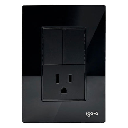 Placa Armada Cristal Con 1 Apagador Sencillo Y 1 Contacto de 1.5 Modulos Negro Igoto