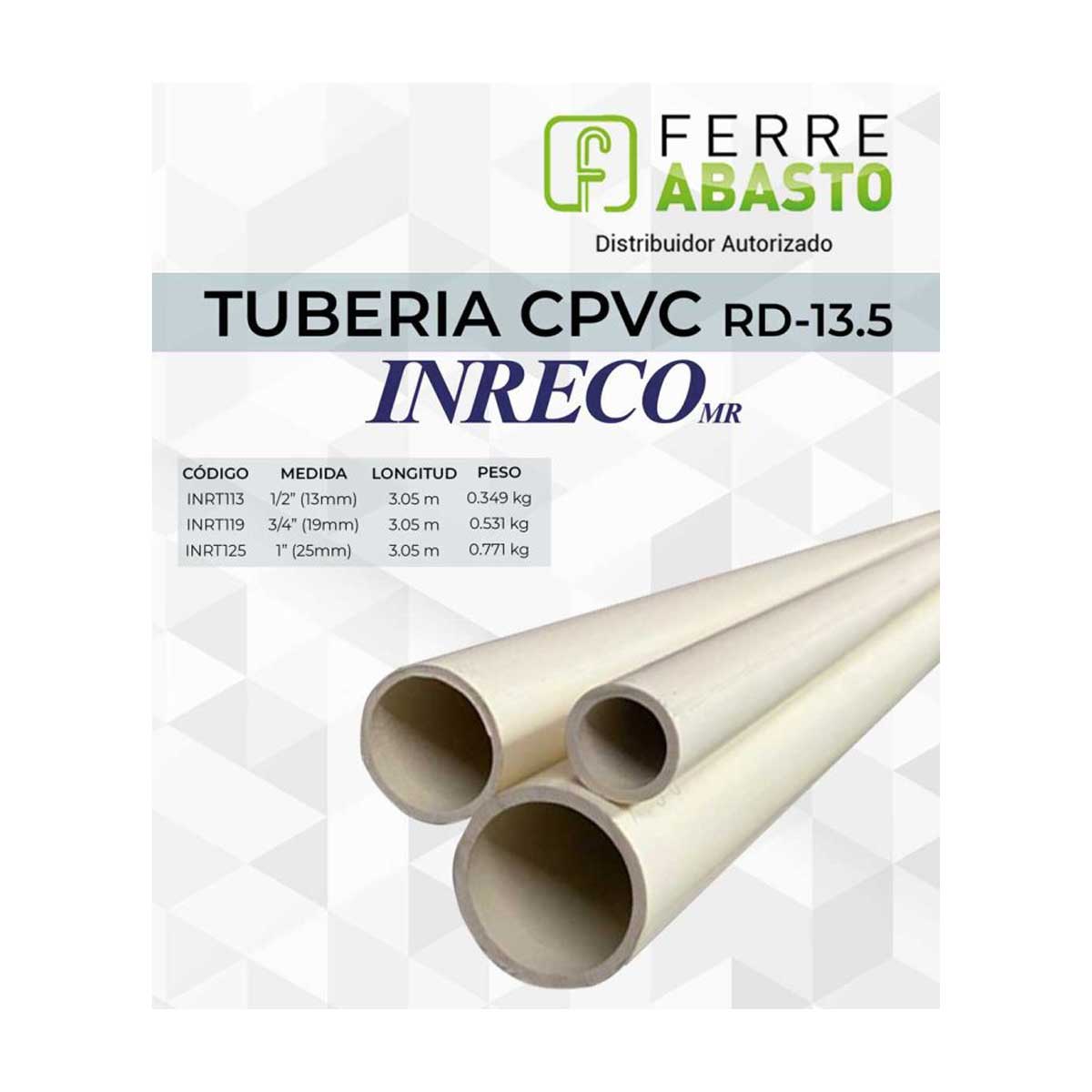 Tubo De CPVC Inreco 1" RD 13.5 Longitud 3.05M INDUSMAYA Ferreabasto