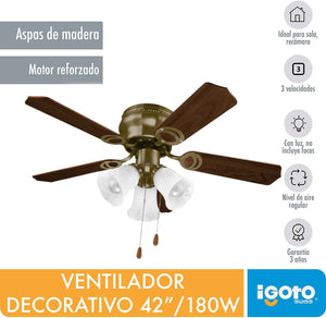 Ventilador De Techo Con Lampara 42 Pulgadas 60w Aria Aspas Madera Igoto IGOTO Ferreabasto